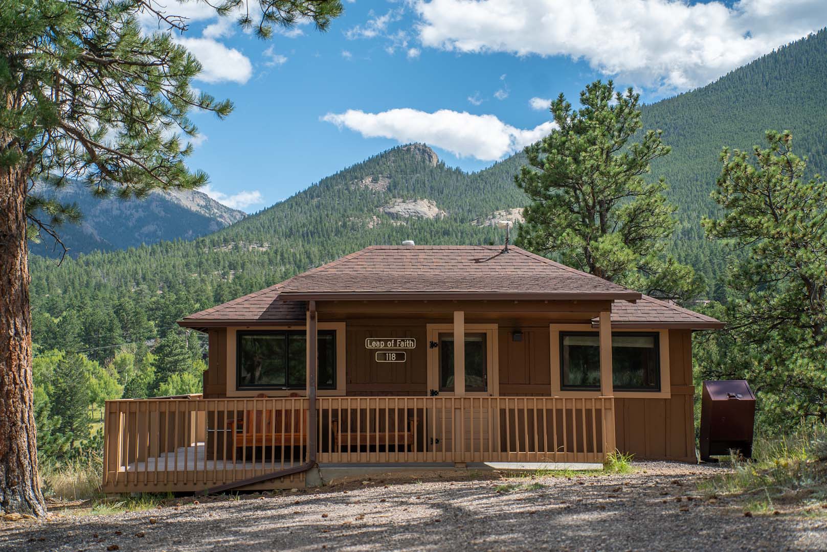 Cabin with mountain in background