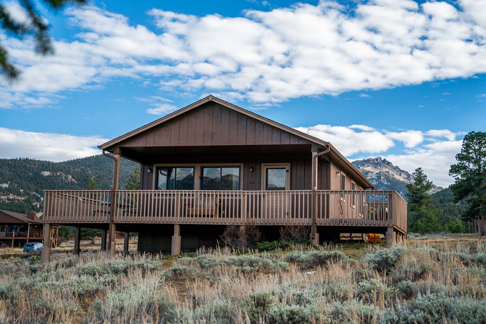 Cabin with mountain in background