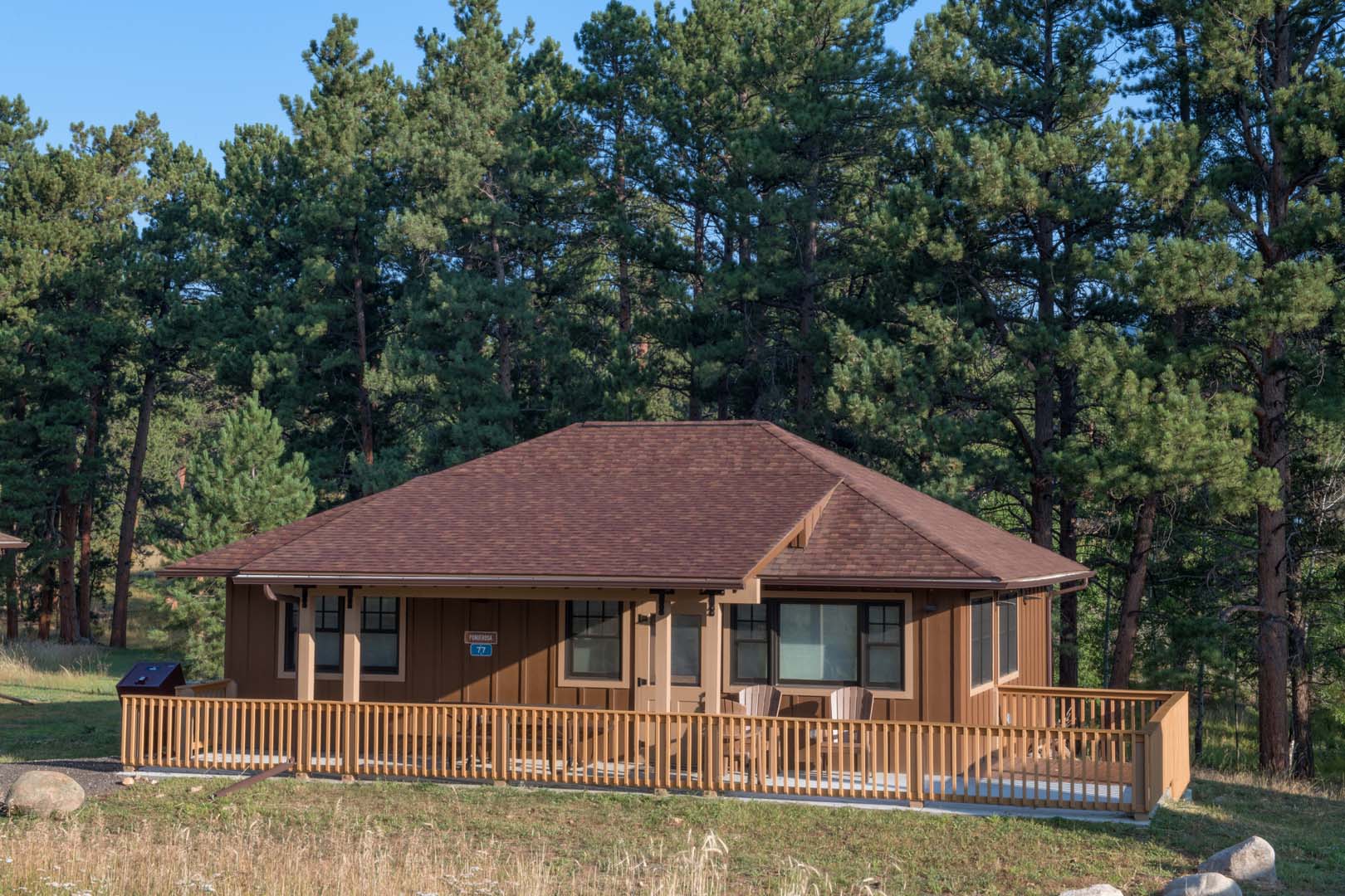 Cabin with trees in background