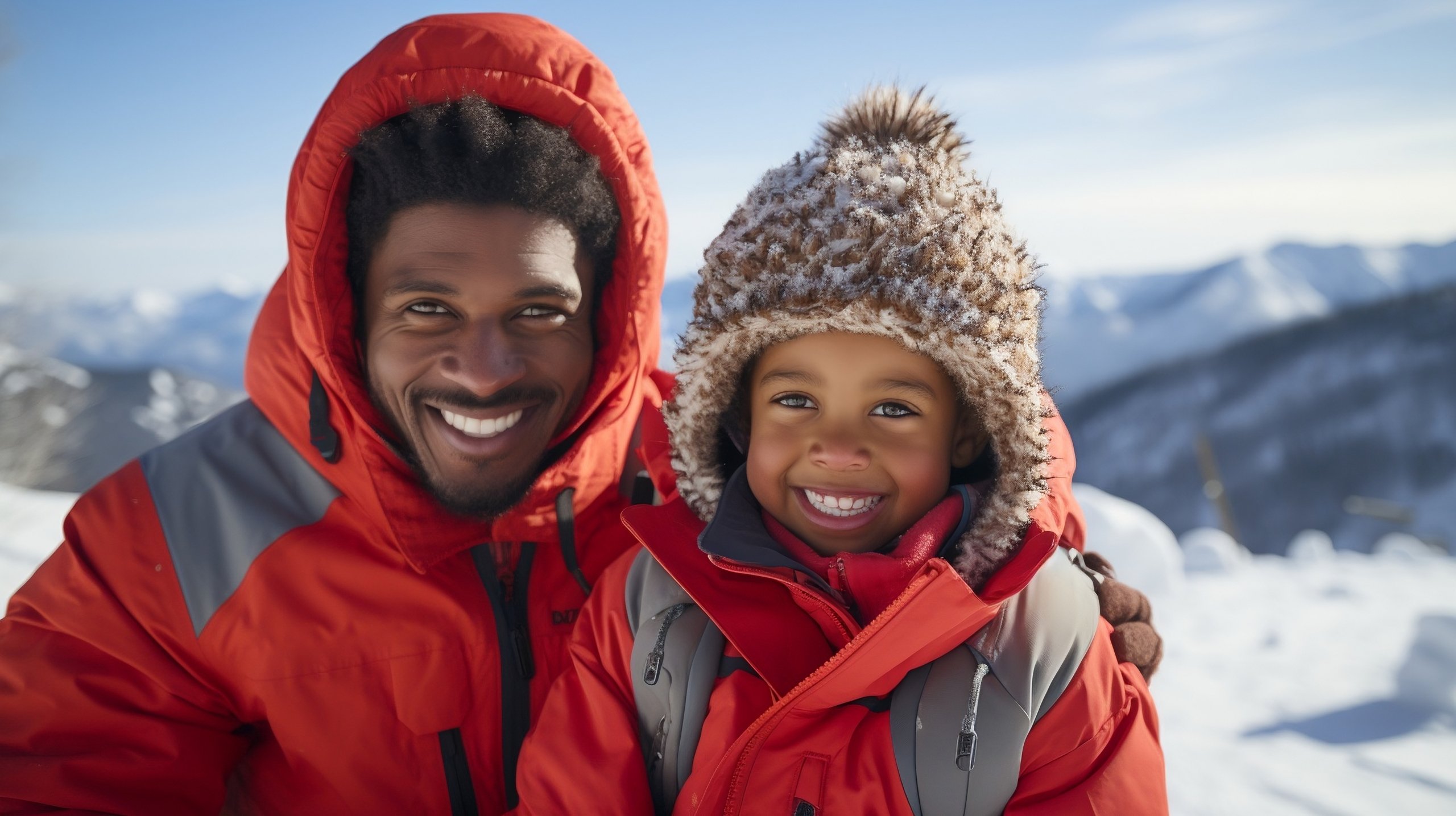 Un hombre y un niño en montañas nevadas.