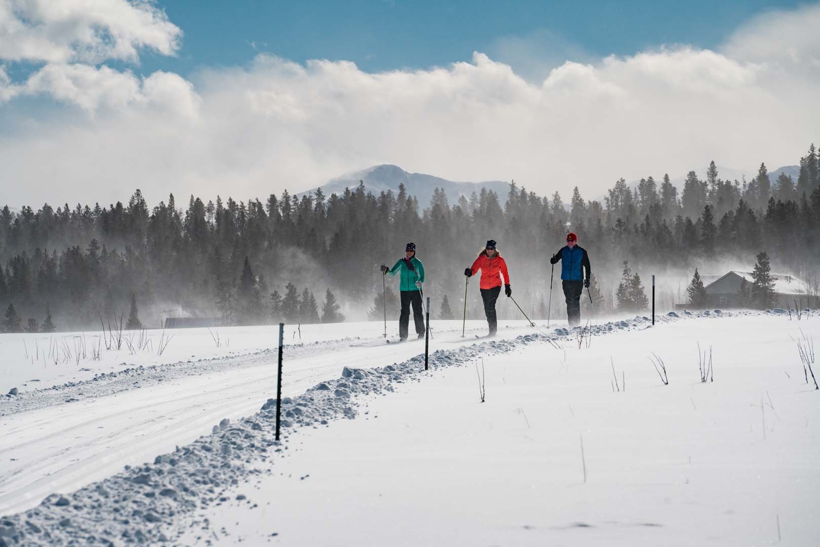 Three people cross country skiing with tree and mountains in background