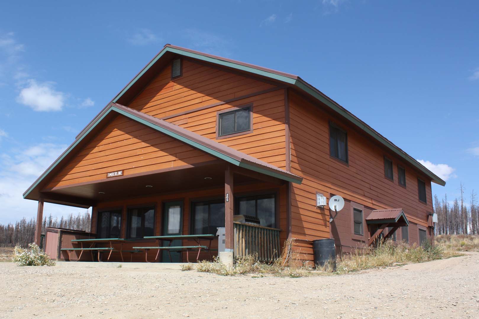 Cabin with picnic tables