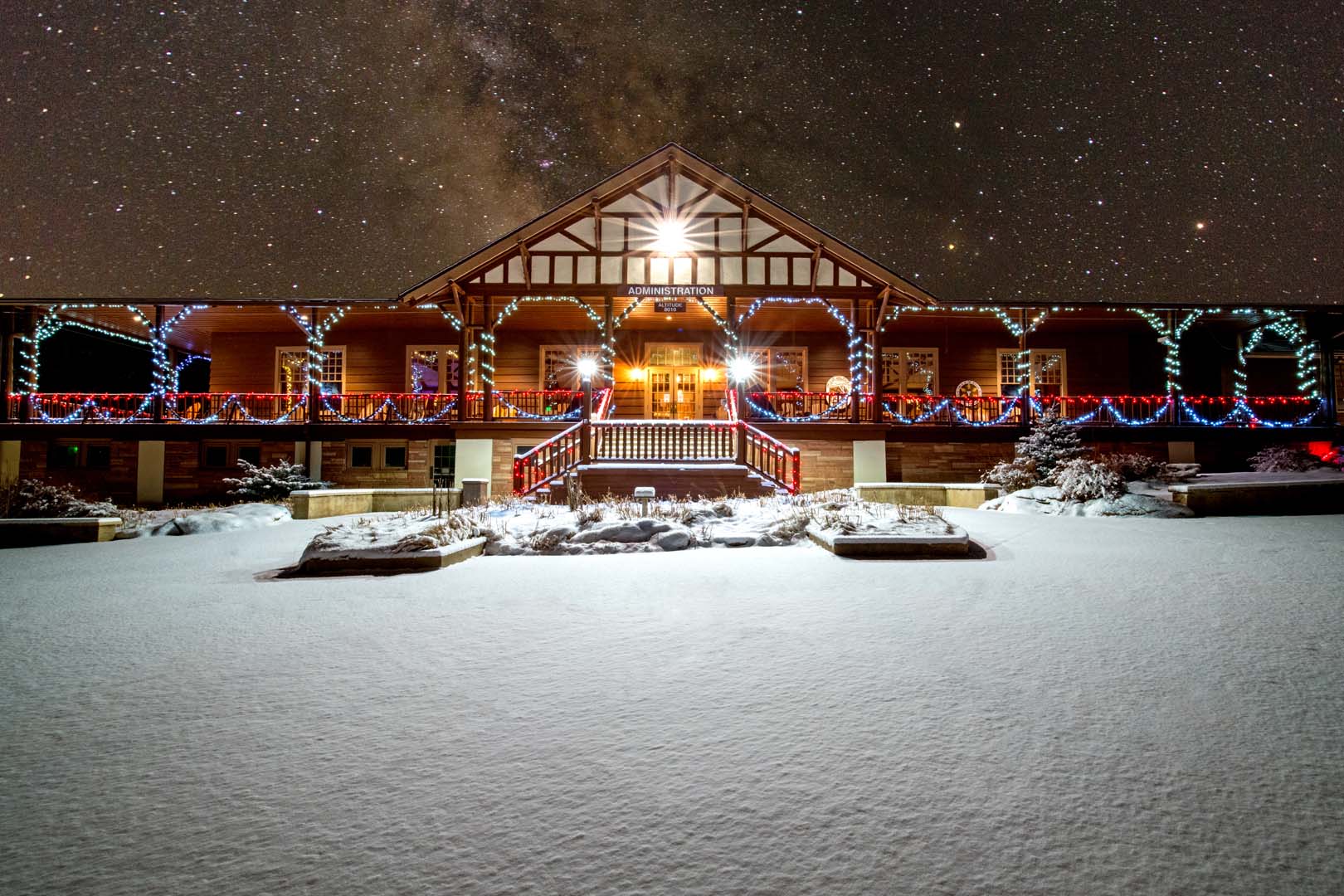 cabin with holiday lights