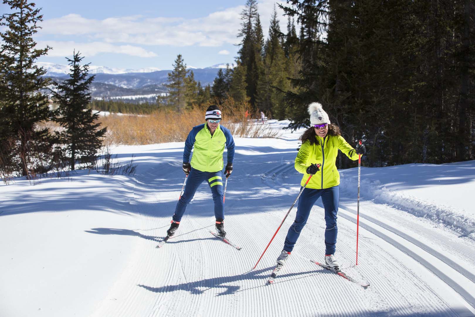 Two people doing nordic skiing