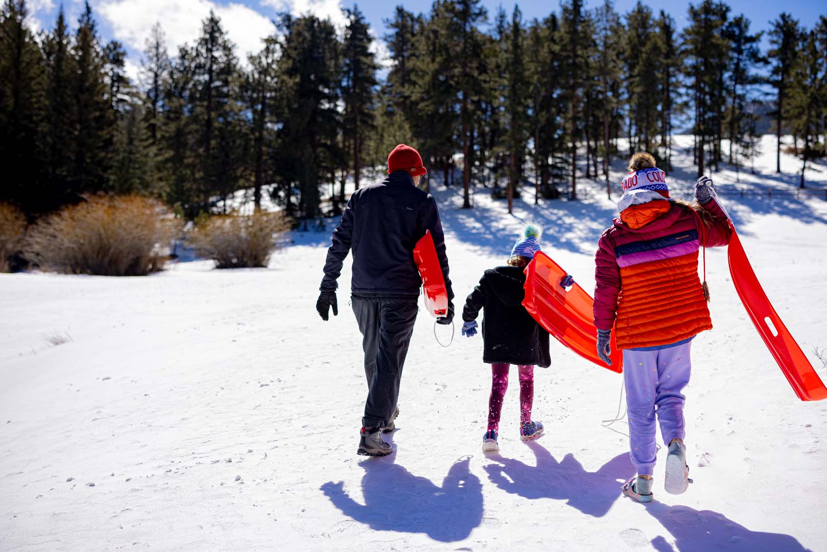 Family going sledding in the snow