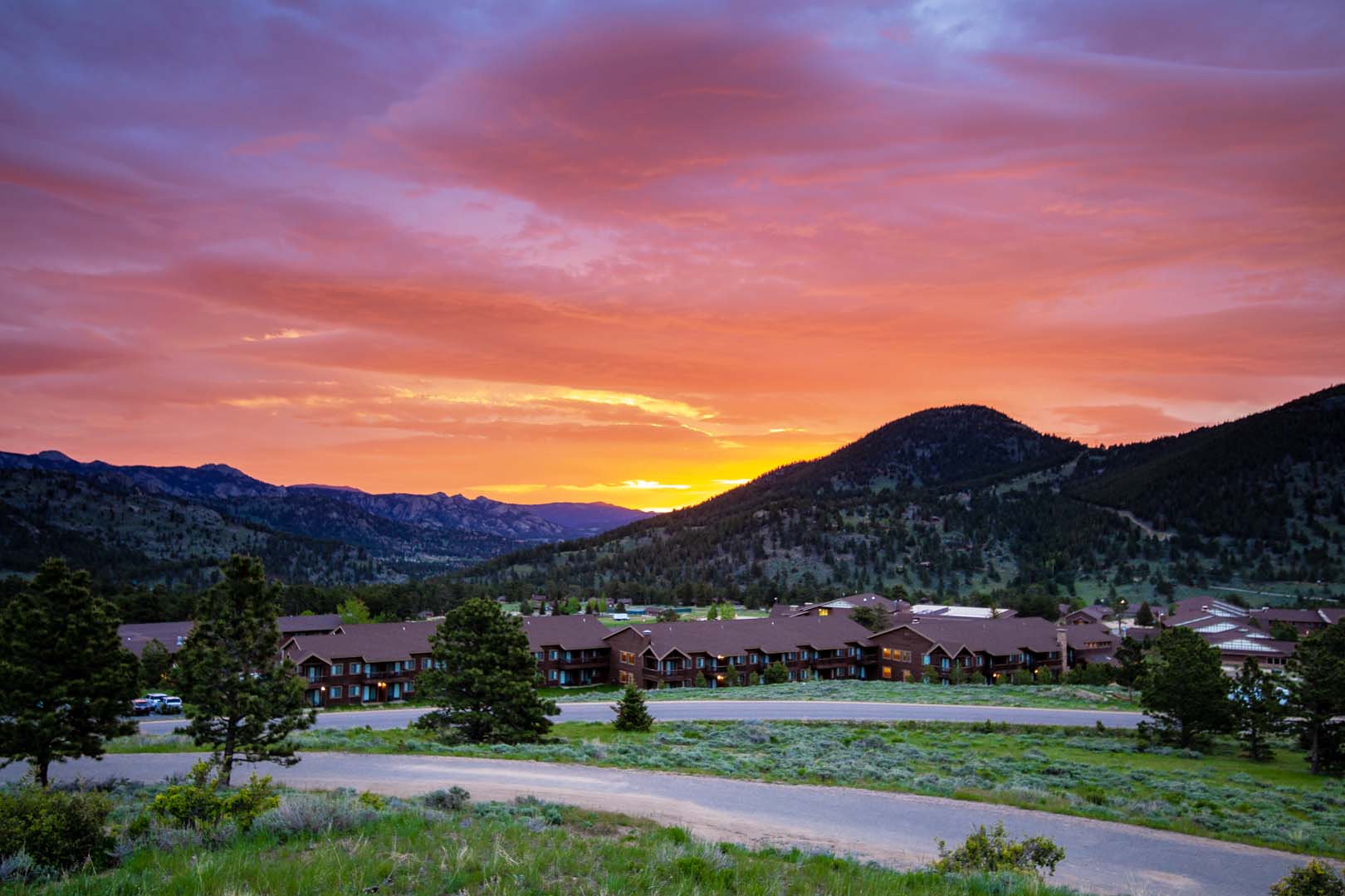 view of lodges with sunset