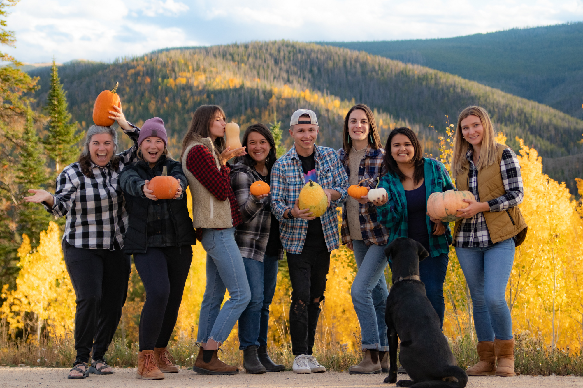 a group of people holding pumpkins posing for a photo