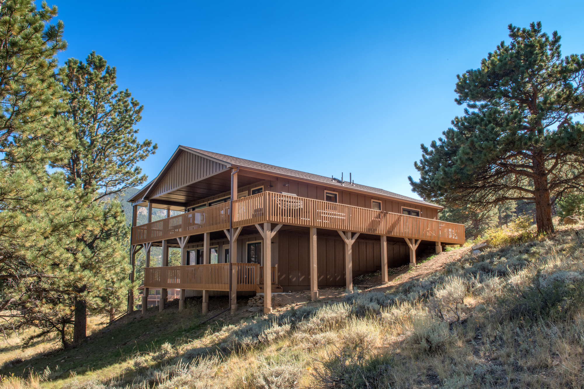 cabin on hill with trees in the background